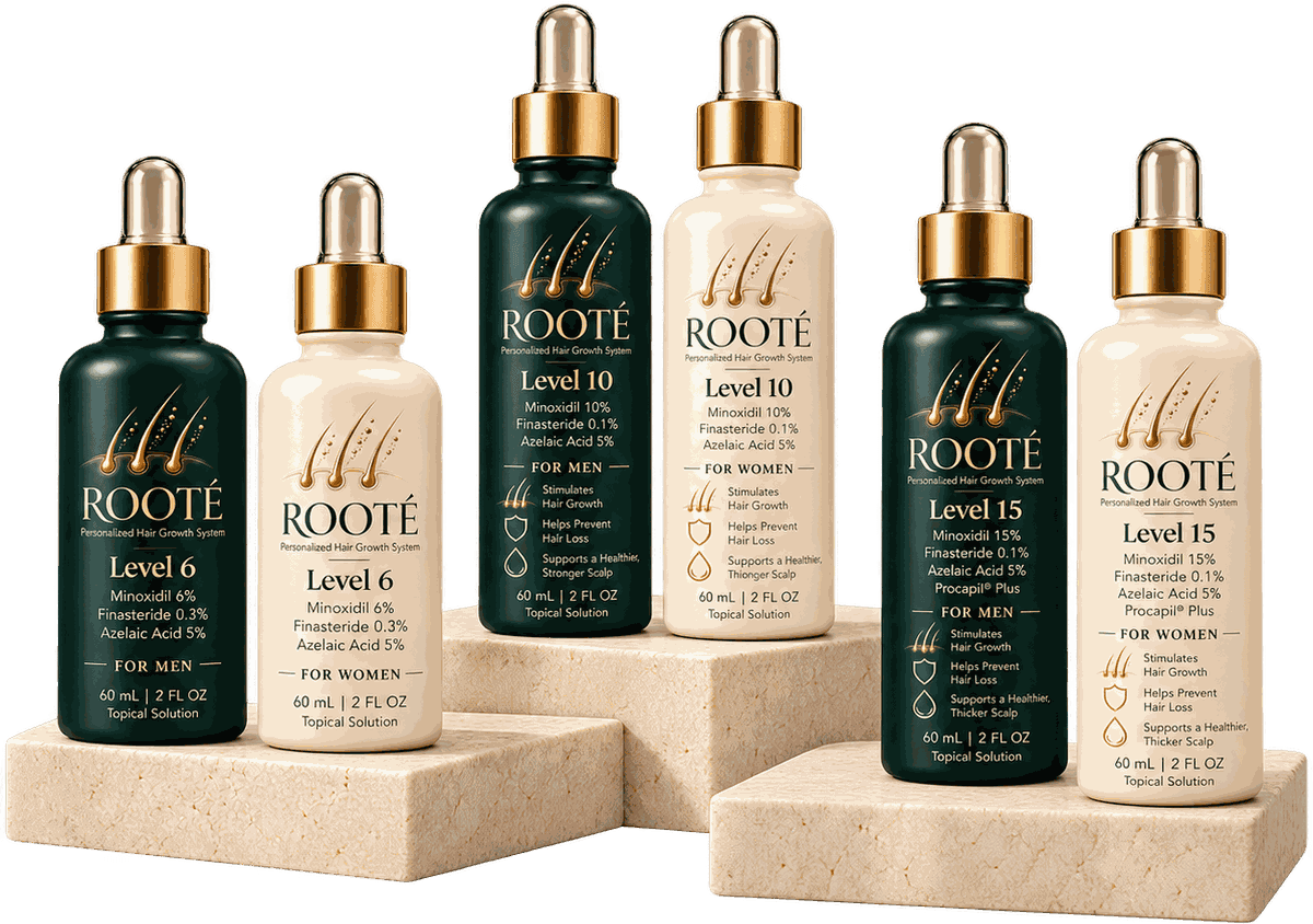 ROOTÉ Level 6, 10, and 15 bottles in deep-emerald and cream packaging, standing on stone pedestals