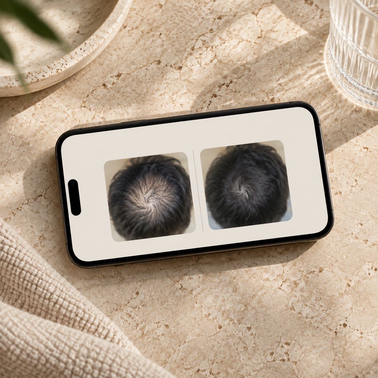 A phone screen comparing two scalp photos side by side